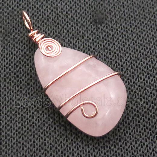 Pink Rose Quartz Teardrop Pendant Wire Wrapped