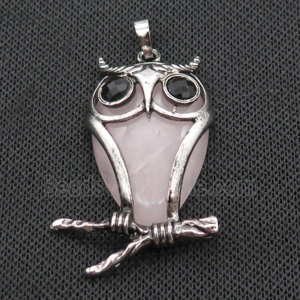 Rose Quartz Owl Pendant Alloy Antique Silver