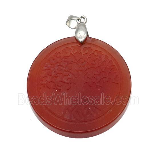 Red Carnelian Agate Circle Pendant Tree Of Life Craved
