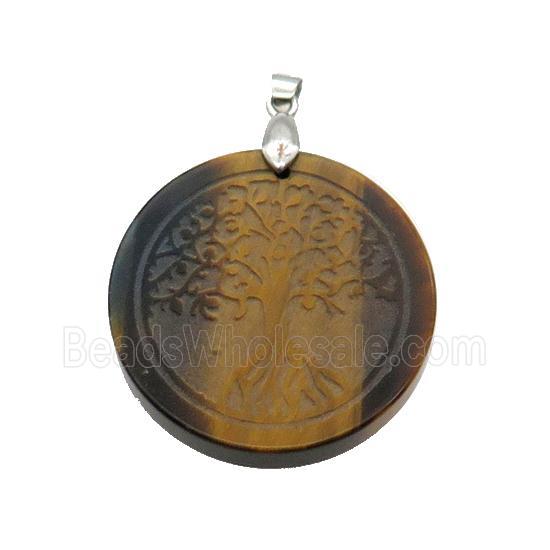 Tiger Eye Stone Circle Pendant Tree Of Life Craved