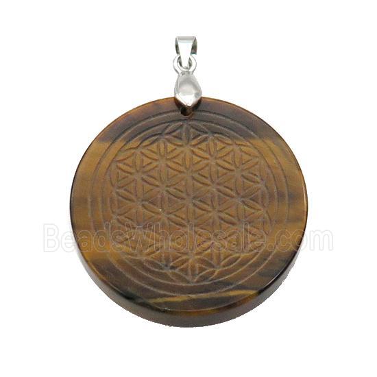 Tiger Eye Stone Circle Pendant Flower Of Life Craved