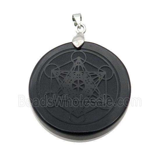 Black Onyx Agate Circle Pendant Metatrons Cube Craved