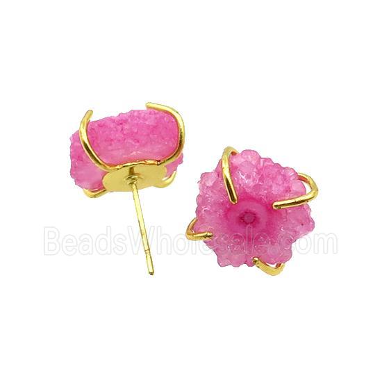 Pink Quartz Druzy Copper Stud Earring Gold Plated