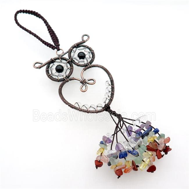Copper Owl Pendant With Gemstone Chip Chakra Wire Wrapped Antique Red