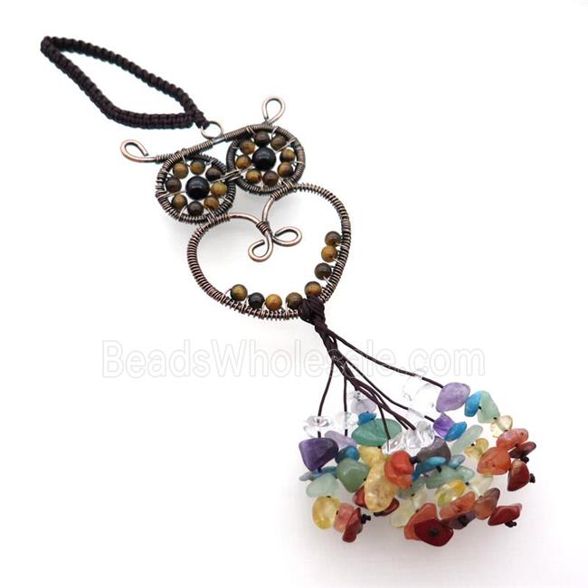 Copper Owl Pendant With Gemstone Chip Chakra Wire Wrapped Antique Red