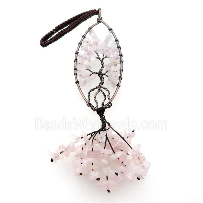 Pink Rose Quartz Chip Pendant Tree Of Life Antique Red