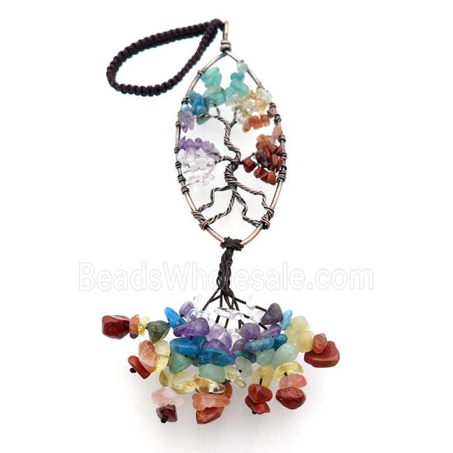 Mix Gemstone Chip Pendant Tree Of Life Chakra Antique Red