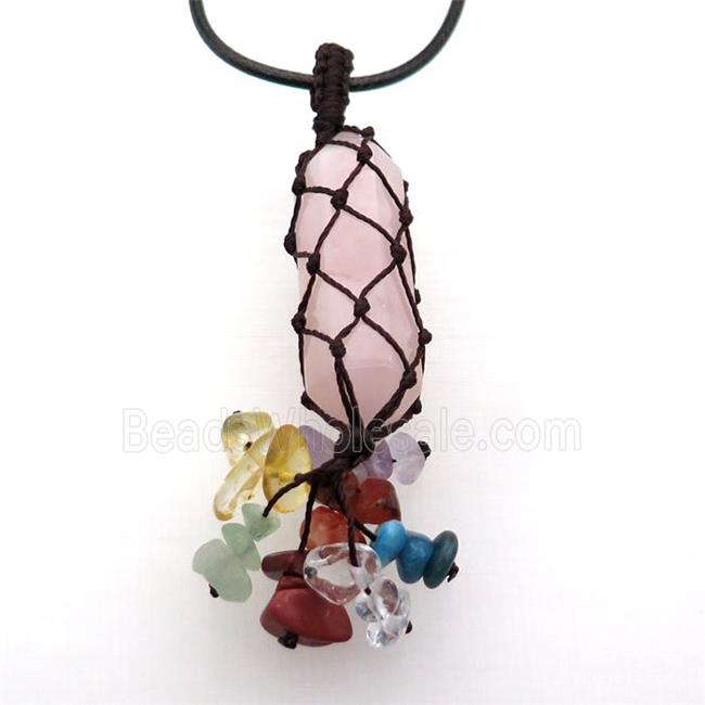 Rose Quartz Stick Necklace Gemstone Chakra Wire Wrapped