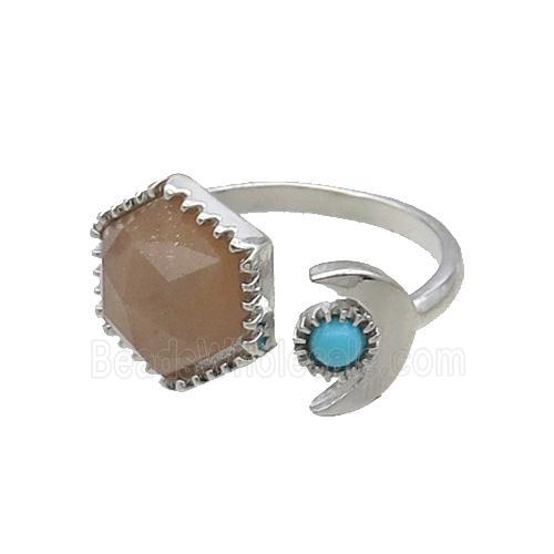 Peach Moonstone Copper Ring Hexagon Platinum Plated