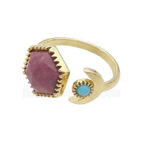 Pink Rhodonite Copper Ring Hexagon Gold Plated