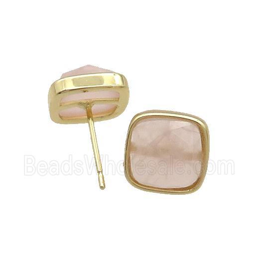Copper Stud Earring Pave Rose Quartz Square Gold Plated