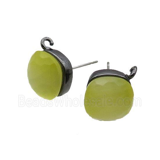 Olive Cat Eye Glass Stud Earring Copper Loop Black Plated