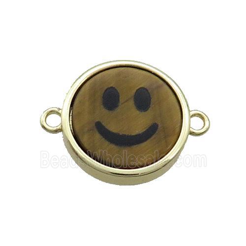Tiger Eye Stone Emoji Connector Smileface Circle Gold Plated