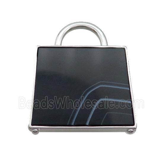 Natural Black Agate Bag Pendant Platinum Plated