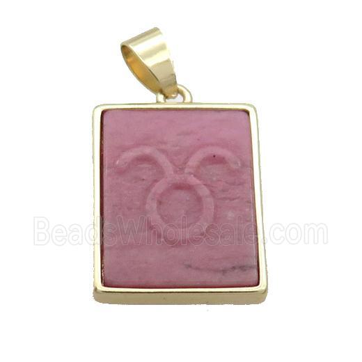 Natural Pink Wood Lace Jasper Pendant Zodiac Aries Rectangle Gold Plated