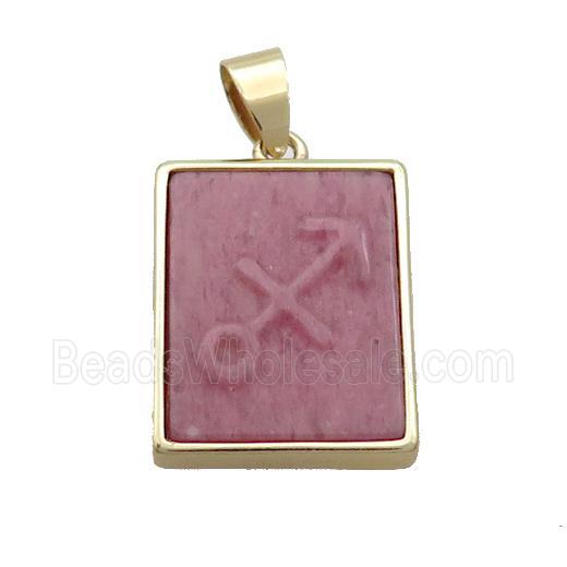 Natural Pink Wood Lace Jasper Pendant Zodiac Sagittarius Rectangle Gold Plated