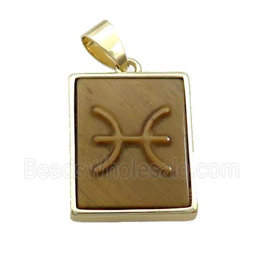 Natural Tiger Eye Stone Pendant Zodiac Pisces Rectangle Gold Plated