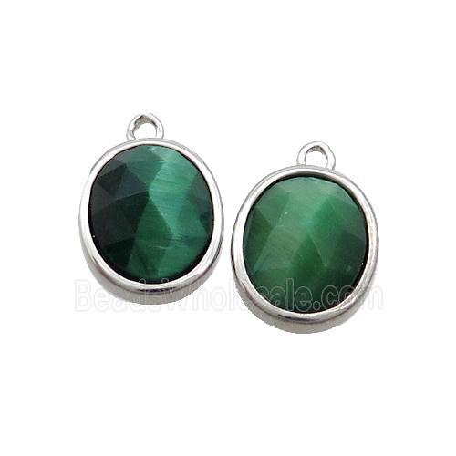 Green Tiger Eye Stone Oval Pendant Platinum Plated