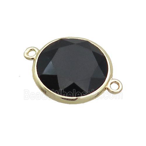 Black Onyx Agate Circle Connector Faceted Gold Plated
