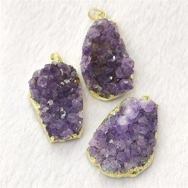 Natural Amethyst Druzy Cluster Pendant Freeform Gold Plated