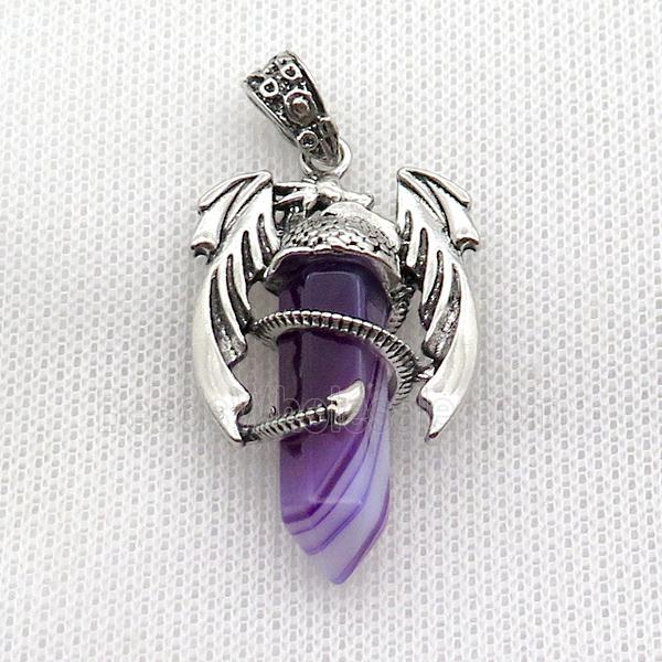 Alloy Dragon Pendant Pave Purple Stripe Agate Dye Antique Silver
