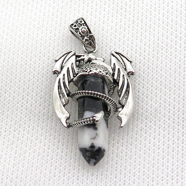 Alloy Dragon Pendant Pave Black White Zebra Jasper Antique Silver