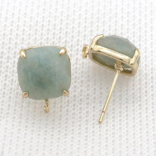 Copper Stud Earring Pave Green Amazonite Square Gold Plated