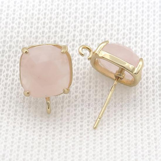 Copper Stud Earring Pave Rose Quartz Pink Square Gold Plated