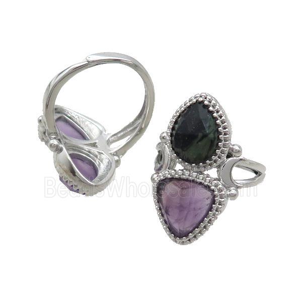 Copper Ring Pave Amethyst Kambaba Adjustable Platinum Plated