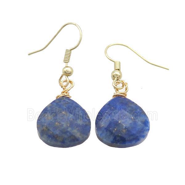 Natural Blue Lapis Lazuli Copper Hook Earrings Teardrop Gold Plated
