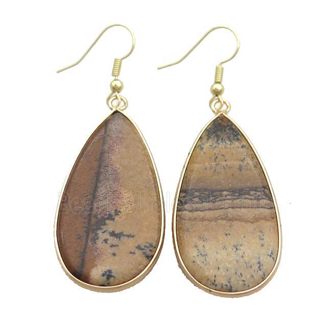 Picture Jasper Copper Hook Earrings Teardrop Gold Plated