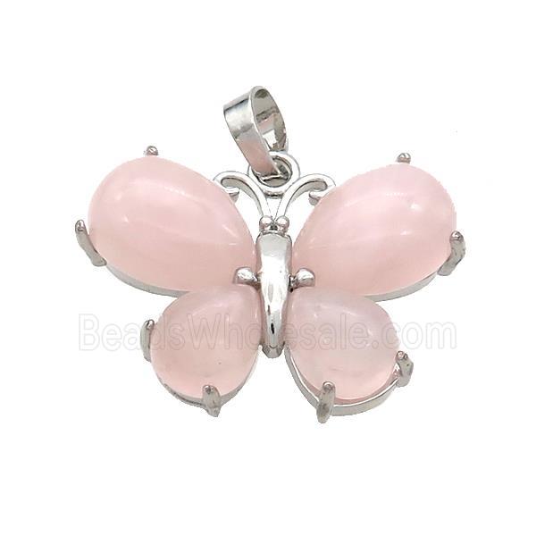 Natural Pink Rose Quartz Butterfly Pendant Platinum Plated