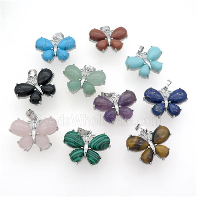 Mix Gemsotne Butterfly Pave Pendant Platinum Plated
