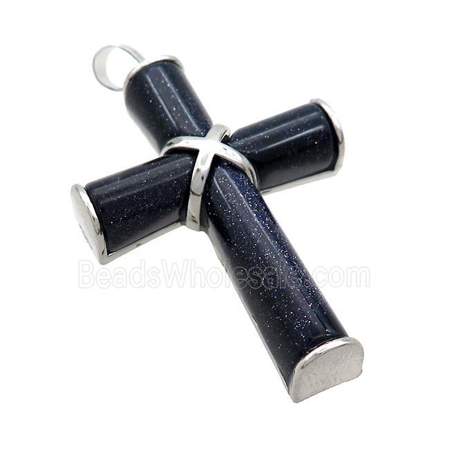 Blue Sandstone Cross Pendant Platinum Plated