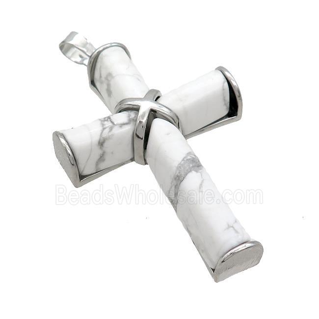 Natural White Howlite Turquoise Cross Pendant Platinum Plated