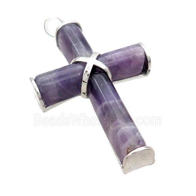 Natural Amethyst Cross Pendant Purple Platinum Plated