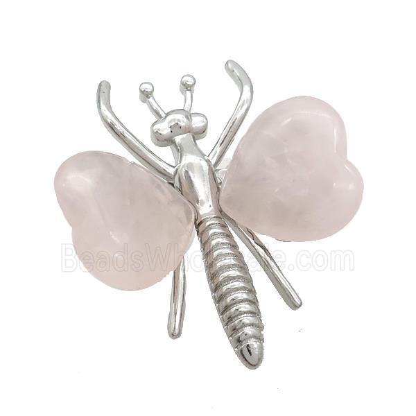 Pink Rose Quartz Pave Butterfly Pendant Alloy Platinum Plated