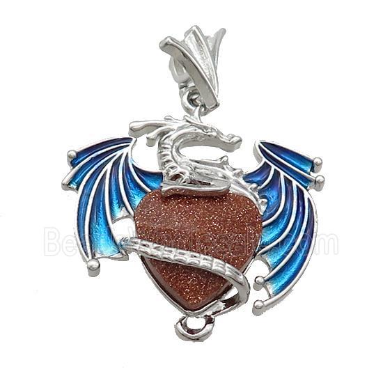 Alloy Dragon Pendant Pave Golden Sandstone Heart Blue Enamel Platinum Plated
