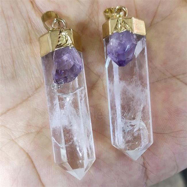 Natural Clear Quartz Bullet Pendant With Amethyst Gold Plated