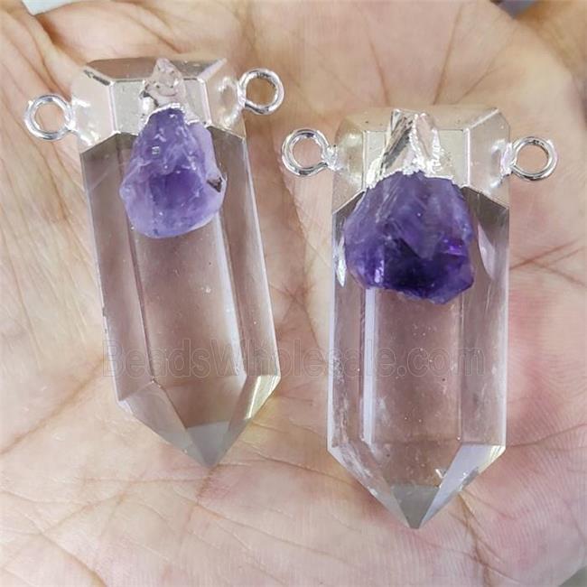 Natural Clear Quartz Bullet Pendant With Amethyst 2loops Silver Plated