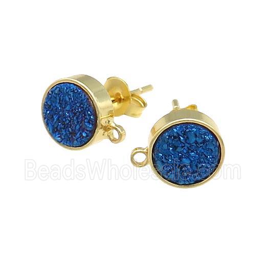 Blue Druzy Quartz Stud Earrings Gold Plated