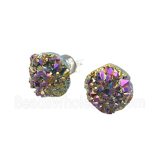 Rainbow Druzy Quartz Stud Earrings Platinum Plated