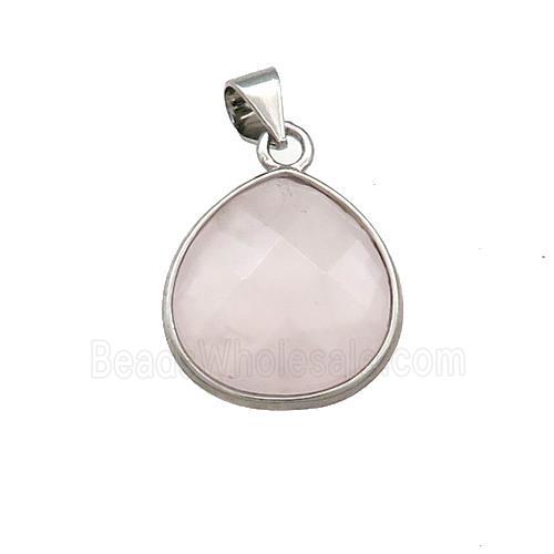 Natural Pink Rose Quartz Teardrop Pendant Platinum Plated