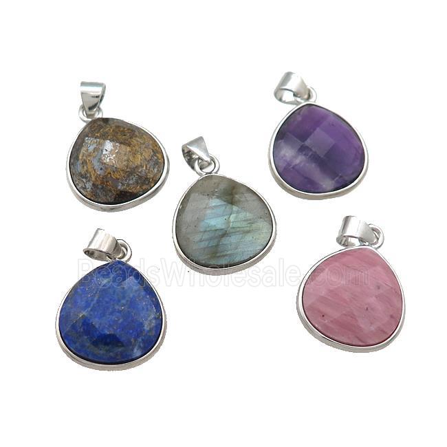 Mixed Natural Gemstone Teardrop Pendant Platinum Plated