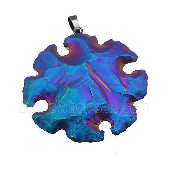Natural Rock Agate Pendant Hot Wheels Snowflake Hammered Multicolor Electroplated