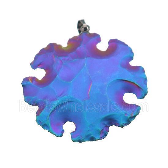 Natural Rock Agate Pendant Hot Wheels Snowflake Hammered Multicolor Electroplated