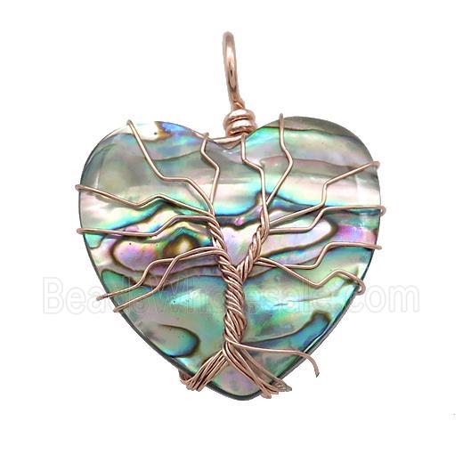 Abalone Shell Heart Pendant Tree Of Life Copper Wire Wrapped Rose Gold