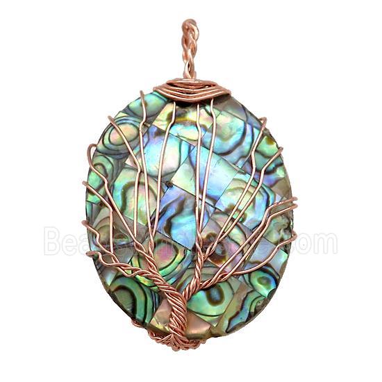 Abalone Shell Oval Pendant Tree Of Life Copper Wire Wrapped Rose Gold