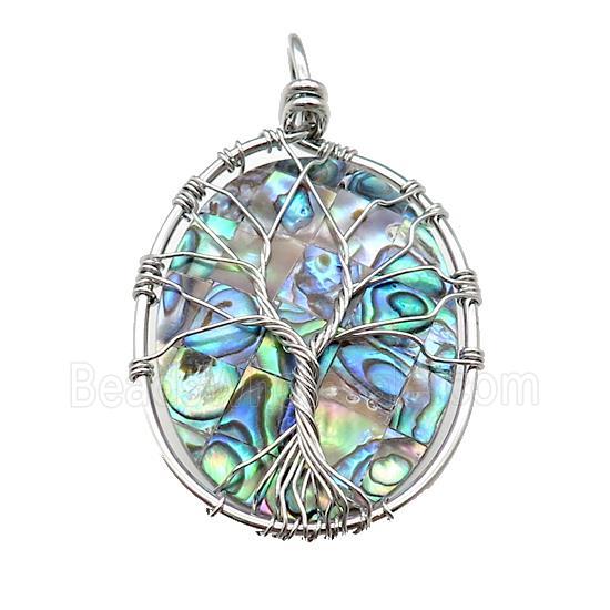 Abalone Shell Oval Pendant Tree Of Life Copper Wire Wrapped Platinum