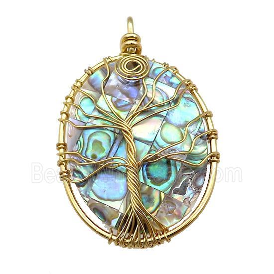 Abalone Shell Oval Pendant Tree Of Life Copper Wire Wrapped Gold Plated